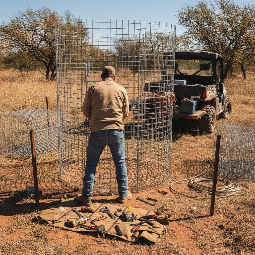 Create a realistic, professional service-business photograph showing Feral Hog Trap Rental from behind, with the backs of their heads visible. Do not show any faces, facial features, front-facing views or side views, profiles, or identifiab