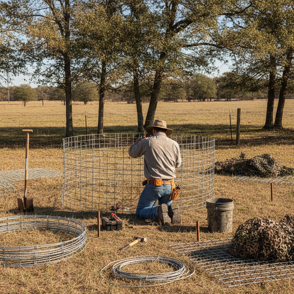 Create a realistic, professional service-business photograph showing Hog Trap Installation from behind, with the backs of their heads visible. Do not show any faces, facial features, front-facing views or side views, profiles, or identifiab
