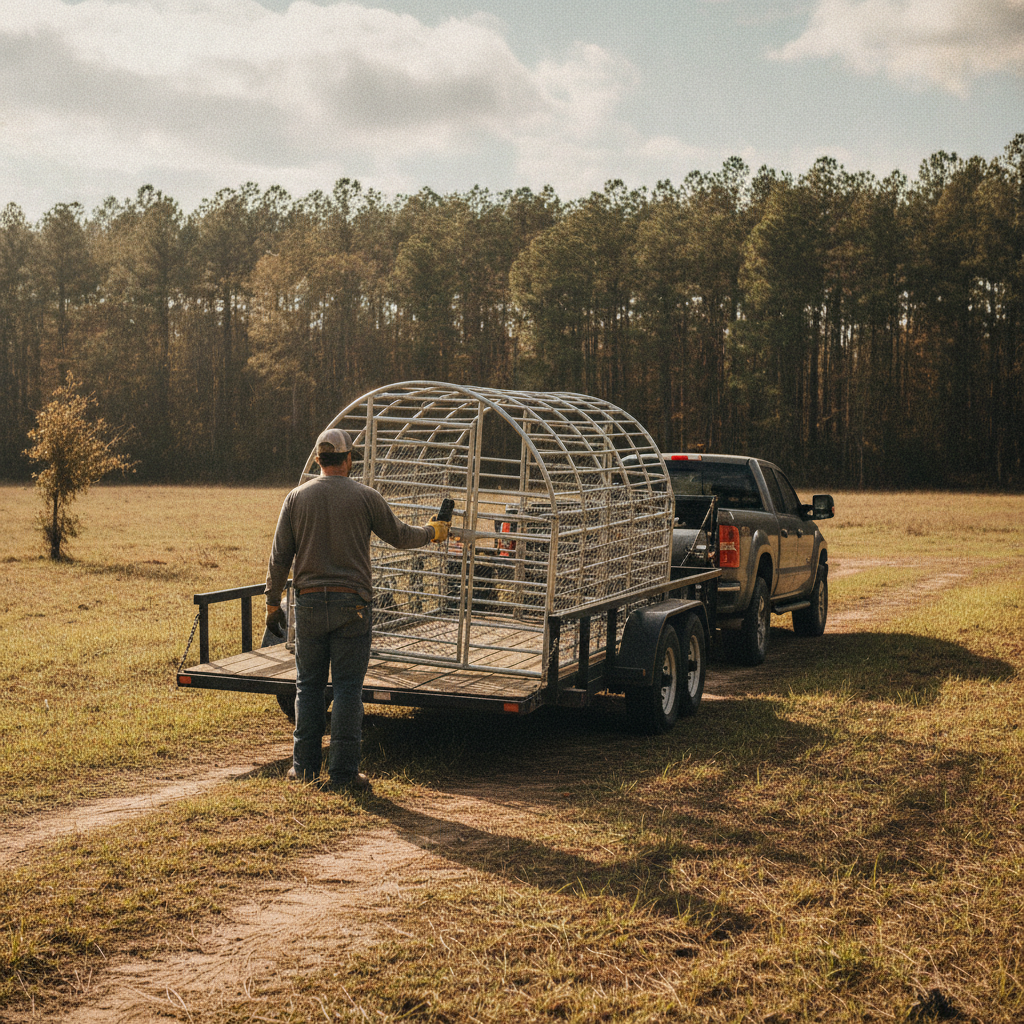 Create a realistic, professional service-business photograph showing Hog Trap Delivery from behind, with the backs of their heads visible. Do not show any faces, facial features, front-facing views or side views, profiles, or identifiable p