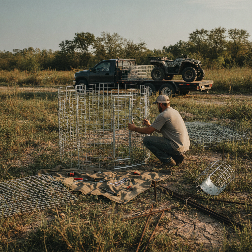 Create a realistic, professional service-business photograph showing Wild Hog Trap Rental from behind, with the backs of their heads visible. Do not show any faces, facial features, front-facing views or side views, profiles, or identifiabl