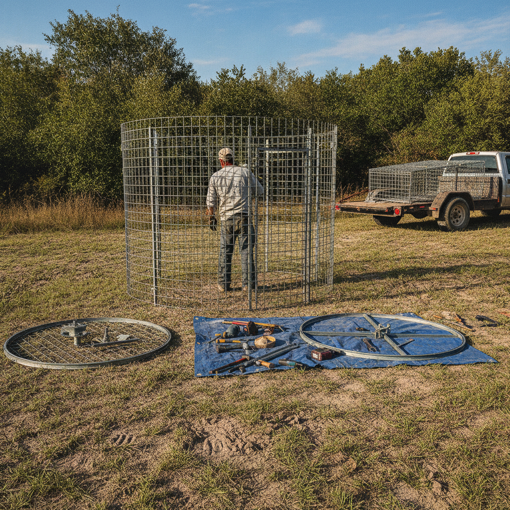 Create a realistic, professional service-business photograph showing Feral Hog Trap Rental from behind, with the backs of their heads visible. Do not show any faces, facial features, front-facing views or side views, profiles, or identifiab