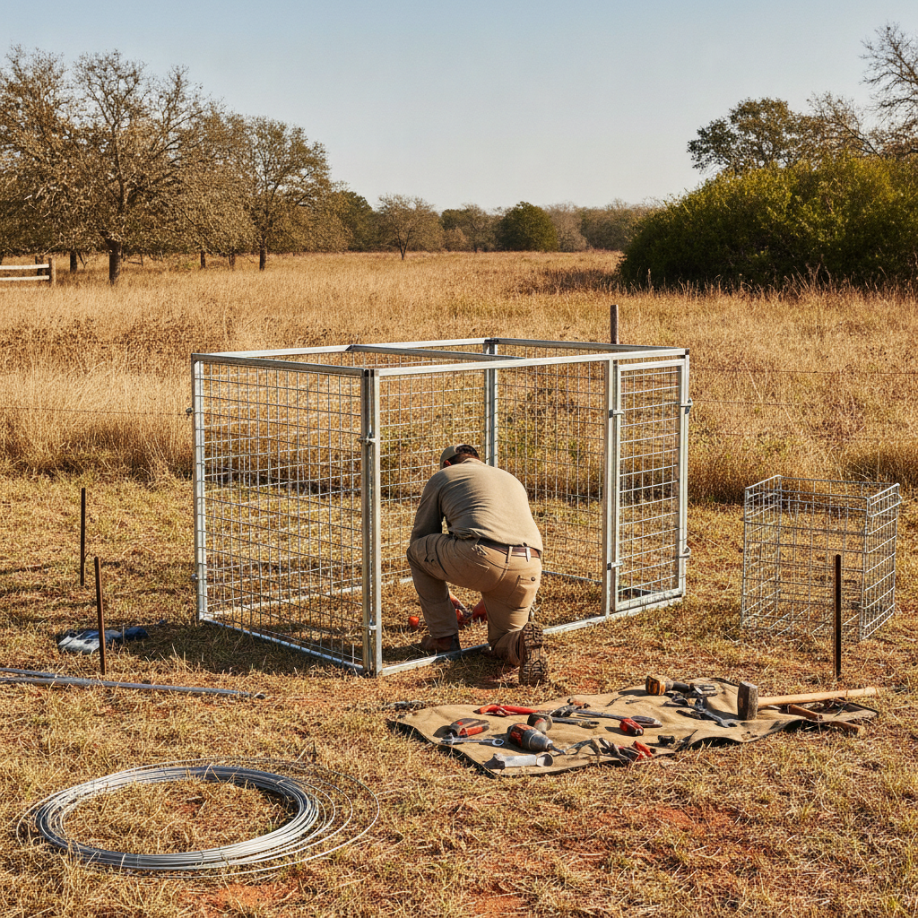 Create a realistic, professional service-business photograph showing Hog Trap Installation from behind, with the backs of their heads visible. Do not show any faces, facial features, front-facing views or side views, profiles, or identifiab