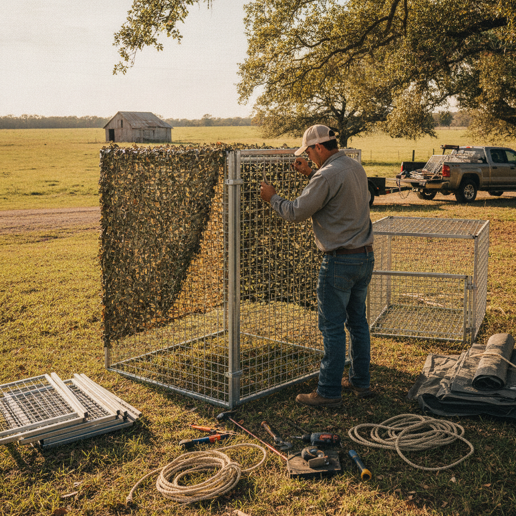 Create a realistic, professional service-business photograph showing Corral Trap Rental from behind, with the backs of their heads visible. Do not show any faces, facial features, front-facing views or side views, profiles, or identifiable 