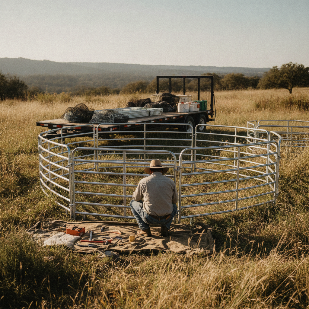 Create a realistic, professional service-business photograph showing Corral Trap Rental from behind, with the backs of their heads visible. Do not show any faces, facial features, front-facing views or side views, profiles, or identifiable 